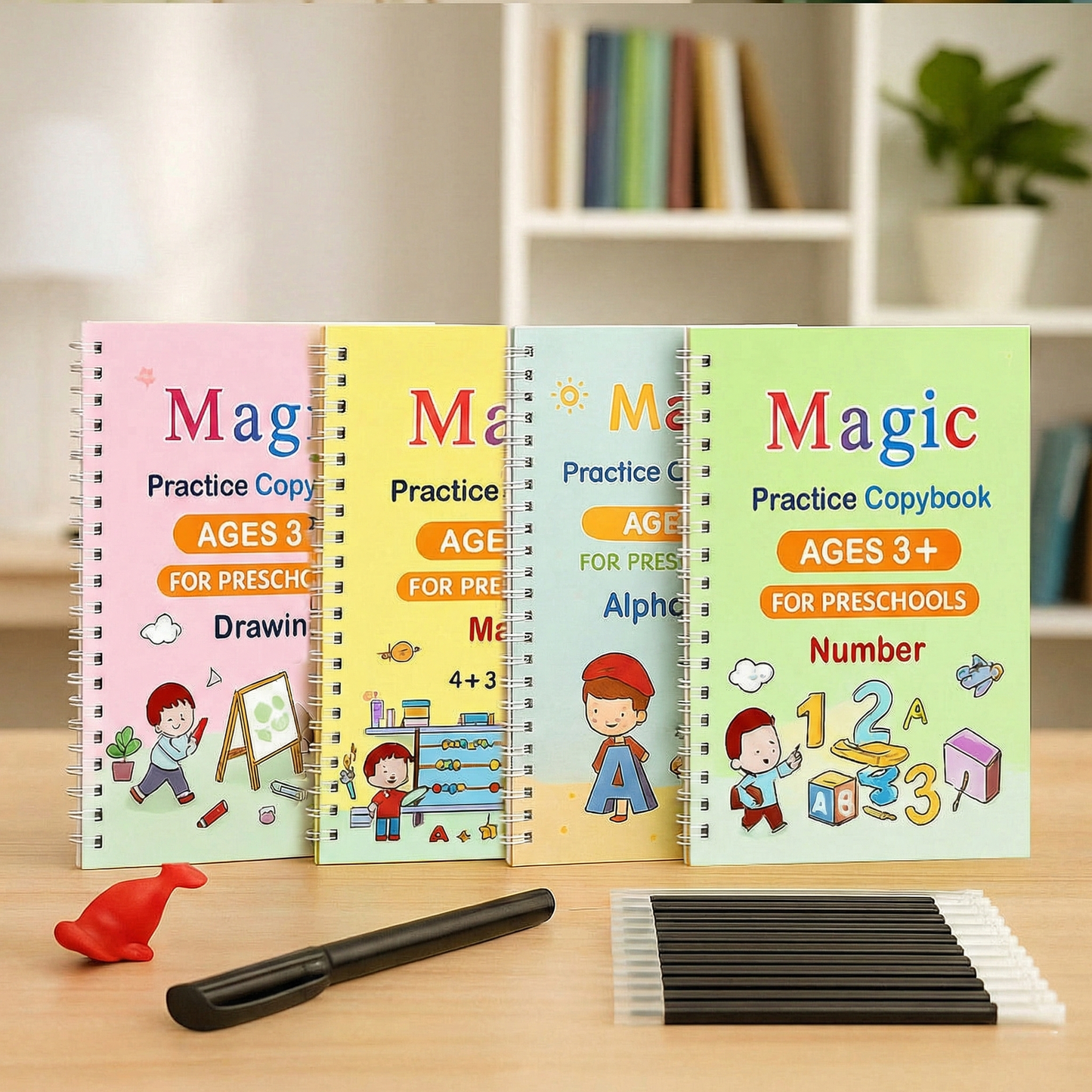 4-Book Magic Copybook Kit with 10 Refills, 1 Pen & 1 Grip