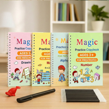 4-Book Magic Copybook Kit with 10 Refills, 1 Pen & 1 Grip