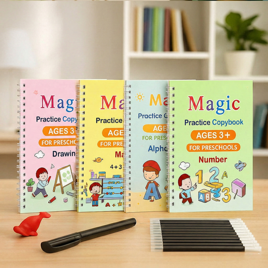 4-Book Magic Copybook Kit with 10 Refills, 1 Pen & 1 Grip